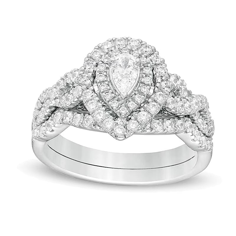 Braut-Set mit Diamanten im Tropfen- und Rundschliff 1.0 CT. Gesamtgewicht, doppelter Halo und gedrehter Schiene, 14K Weißgold