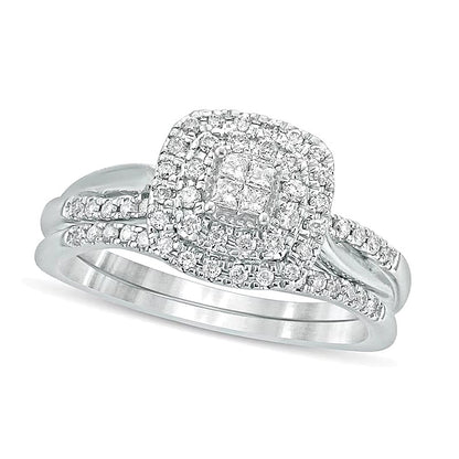 Braut-Set mit Diamanten im Princess-, Rund- und Kissenschliff 0.38 ct. Gesamtgewicht in 10K Weißgold