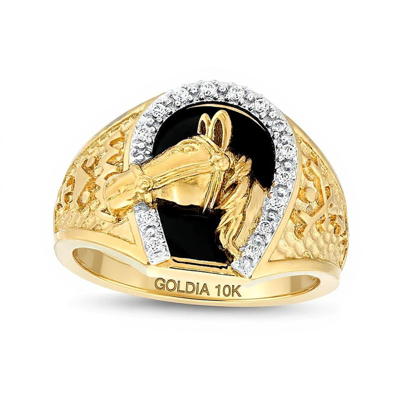 Onyx- und Diamant-Ring Pferd Nugget 0,13 ct. Gesamtgewicht in 10K Gelbgold