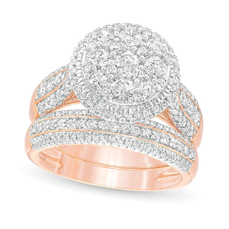 1.5 ct. Gesamtgewicht Komposit-Diamant Brautset mehrreihig mit Rahmen in 10K Roségold