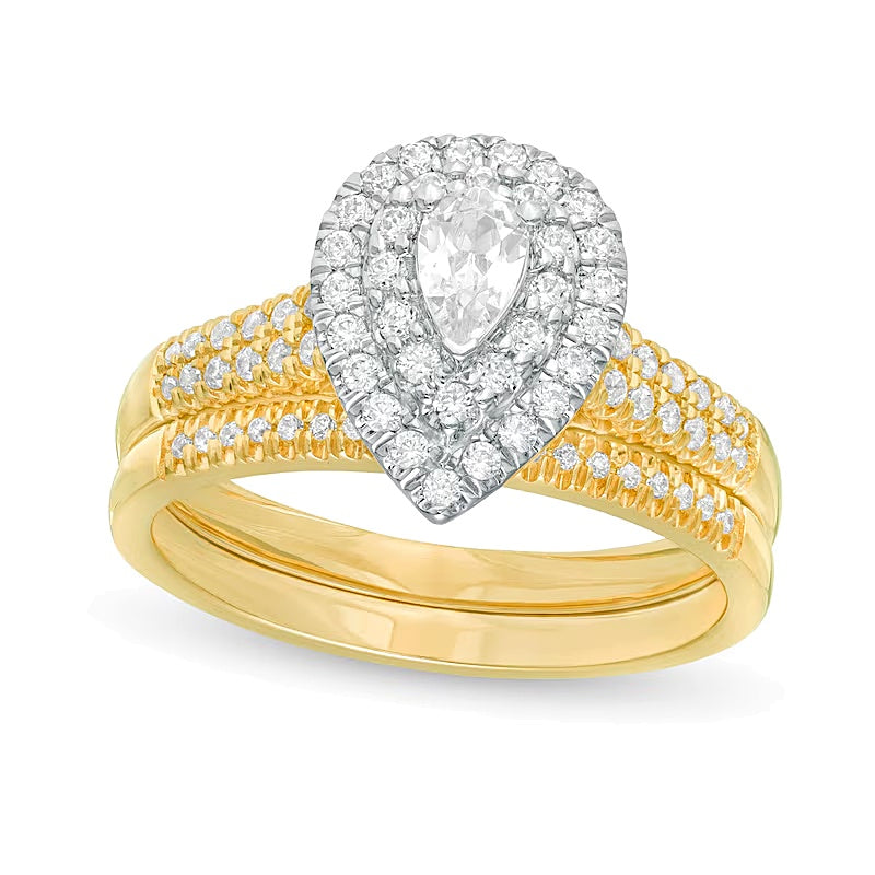 Braut-Set mit tropfenförmigen und runden Diamanten 0,75 ct. Gesamtgewicht in 14K Gelbgold