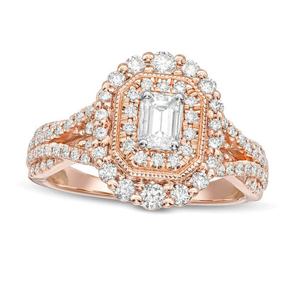 1.0 CT. TW Halo-Verlobungsring im Vintage-Stil mit Diamant im Smaragdschliff und doppeltem achteckigem Rahmen sowie geteilter Schiene aus 14K Roségold