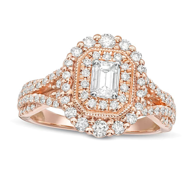 1.0 CT. TW Halo-Verlobungsring im Vintage-Stil mit Diamant im Smaragdschliff und doppeltem achteckigem Rahmen sowie geteilter Schiene aus 14K Roségold