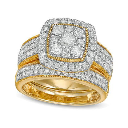 Braut-Set mit weißen Diamanten in Rund und Kissenschliff, 1,33 ct. Gesamtgewicht, im Vintage-Stil, mehrreihig, aus 10K Gelbgold für Damen