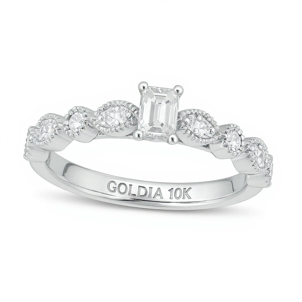 0.5 ct. Gesamtgewicht Diamant im Smaragdschliff mit Marquise-Diamanten Solitär mit seitlichem Besatz im Vintage-Stil in 10K Weißgold