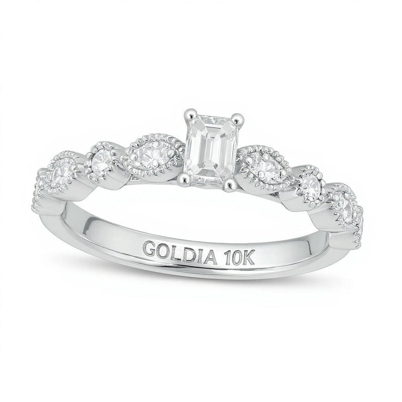 0.5 ct. Gesamtgewicht Diamant im Smaragdschliff mit Marquise-Diamanten Solitär mit seitlichem Besatz im Vintage-Stil in 10K Weißgold