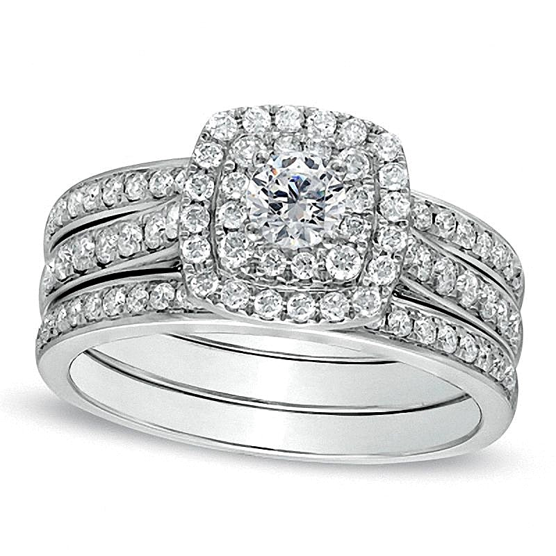 Brautset mit Diamanten im Kissenschliff mit doppeltem Halo, 1.0 ct. Gesamtgewicht, in 10K Weißgold