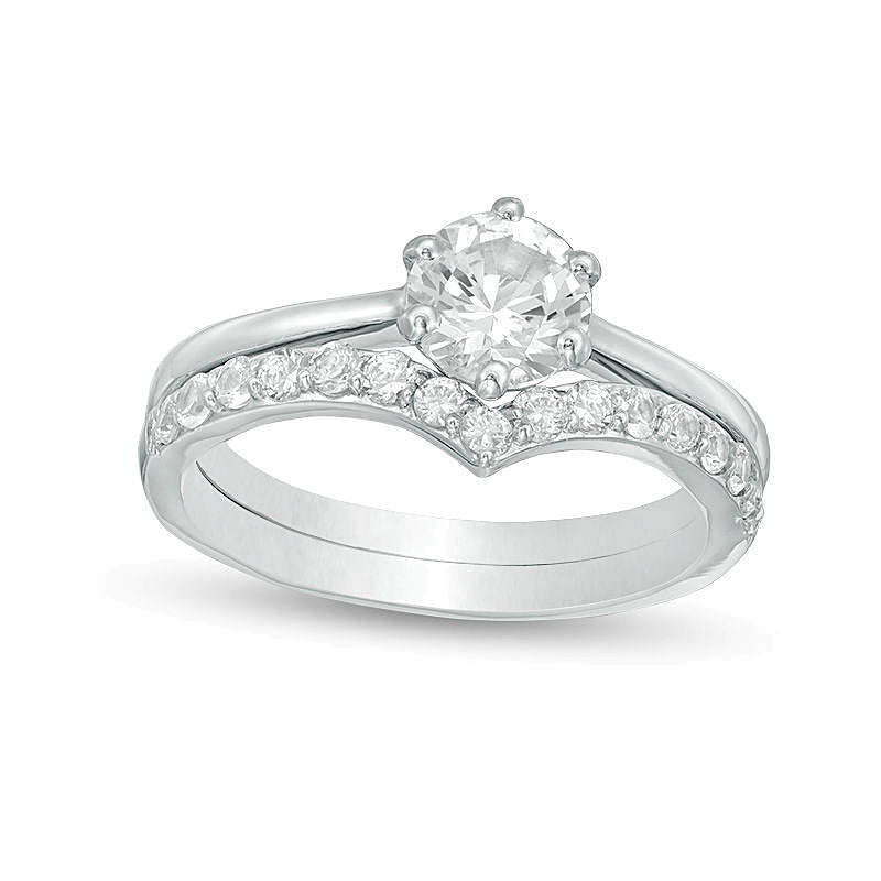 6,0 mm Braut-Set mit im Labor gezüchtetem weißem Saphir, rund, in rhodiniertem Sterlingsilber