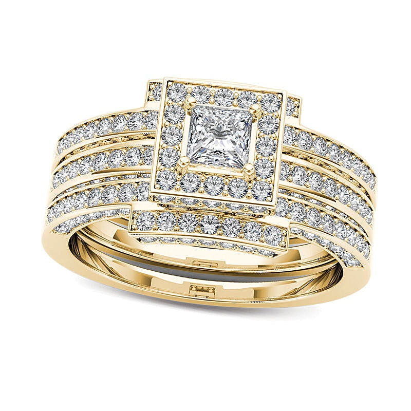 1.38 ct. Gesamtgewicht Braut-Set mit Diamanten im Princess- und Rundschliff in 14K Gelbgold