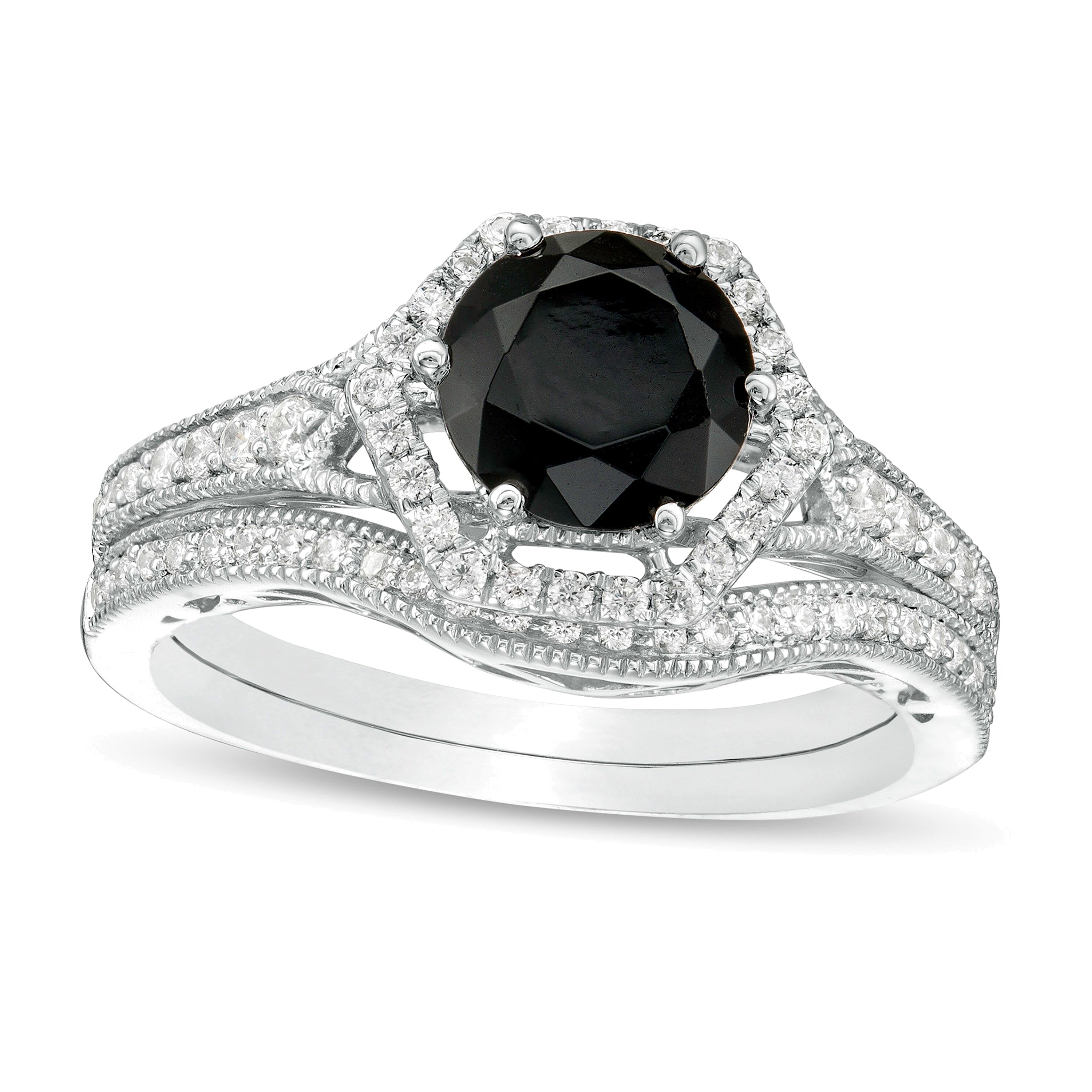 7,0 mm Braut-Set mit Labor-Saphir in Schwarz und Diamanten mit 0,38 ct. Gesamtgewicht, Vintage-Stil mit sechseckiger Fassung, in 10K Weißgold