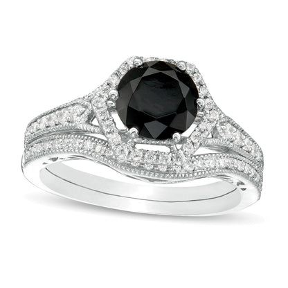 7,0 mm Braut-Set mit Labor-Saphir in Schwarz und Diamanten mit 0,38 ct. Gesamtgewicht, Vintage-Stil mit sechseckiger Fassung, in 10K Weißgold