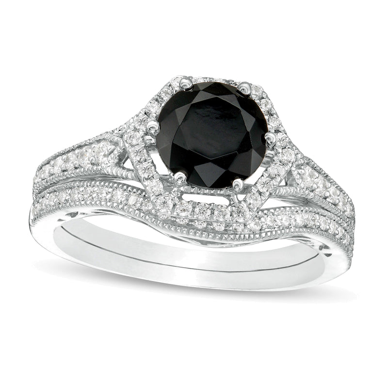 7,0 mm Braut-Set mit Labor-Saphir in Schwarz und Diamanten mit 0,38 ct. Gesamtgewicht, Vintage-Stil mit sechseckiger Fassung, in 10K Weißgold