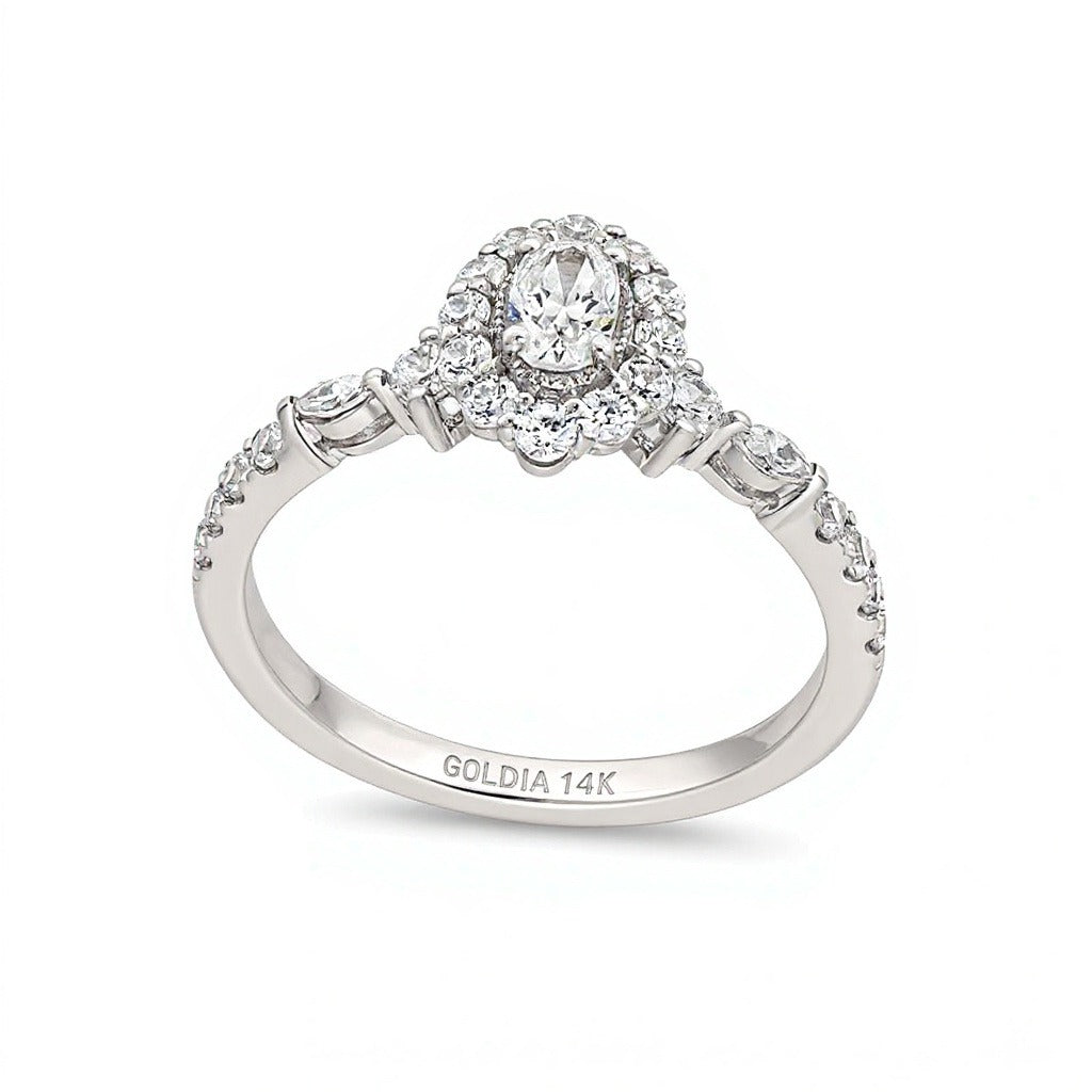 0.75 ct. Gesamtgewicht Verlobungsring im Vintage-Stil mit Halo und ovalem Diamant in 14K Weißgold