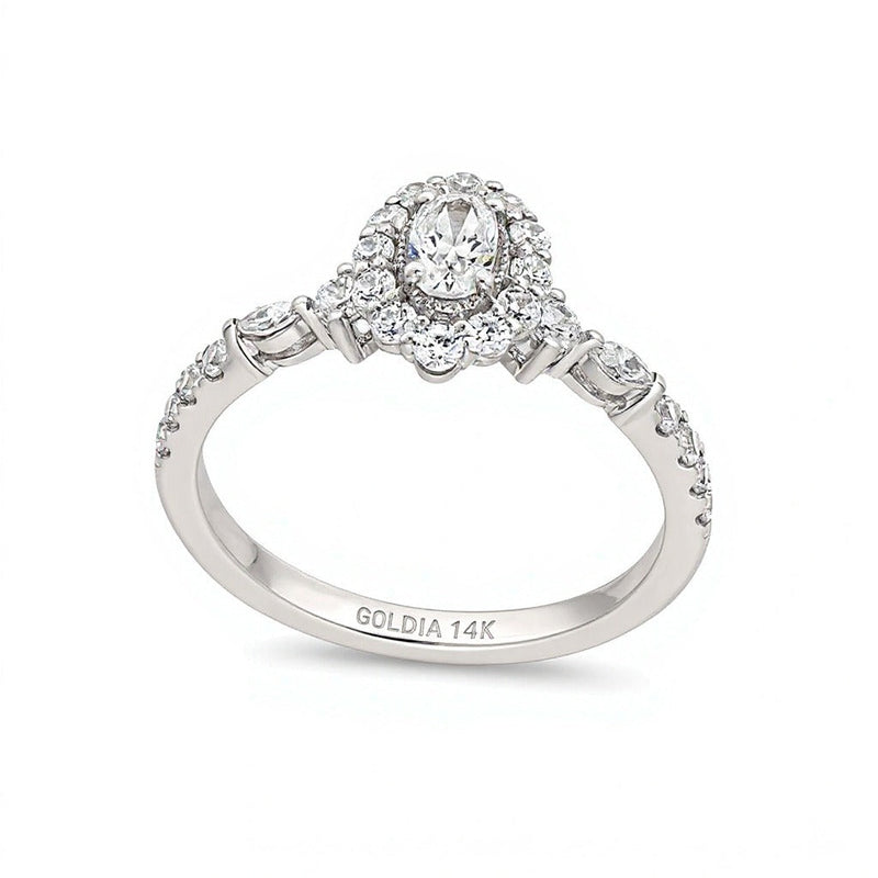 0.75 ct. Gesamtgewicht Verlobungsring im Vintage-Stil mit Halo und ovalem Diamant in 14K Weißgold