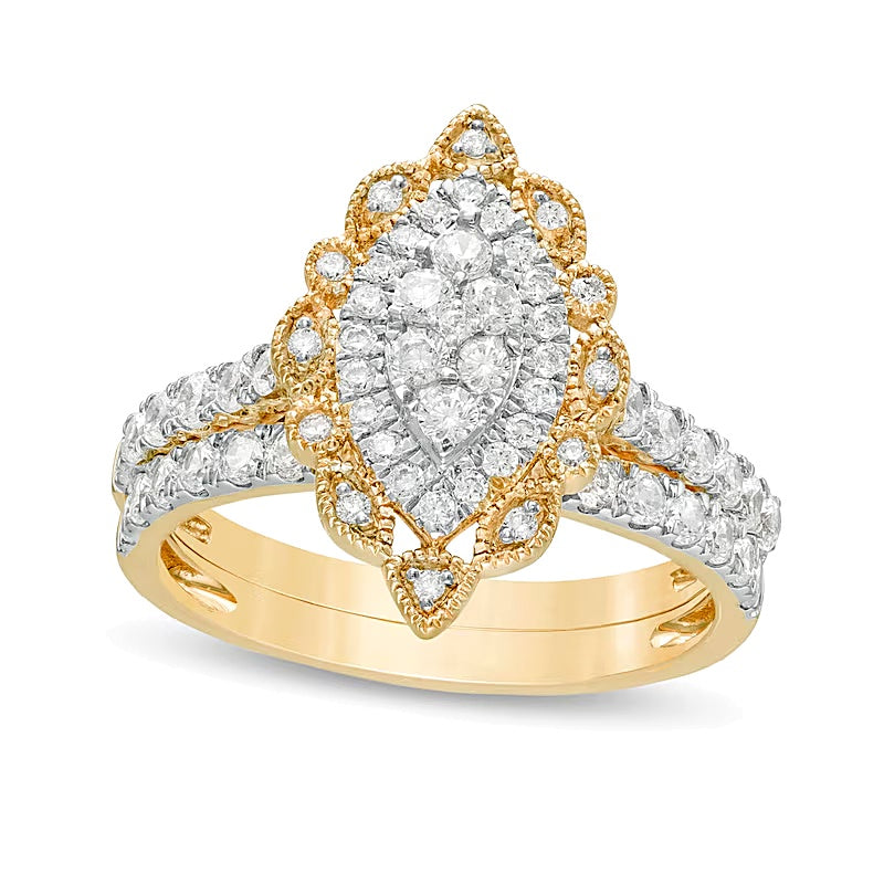 Braut-Set mit weißen Diamanten in Rund und Marquise, 1.0 ct. Gesamtgewicht, 10K Gelbgold