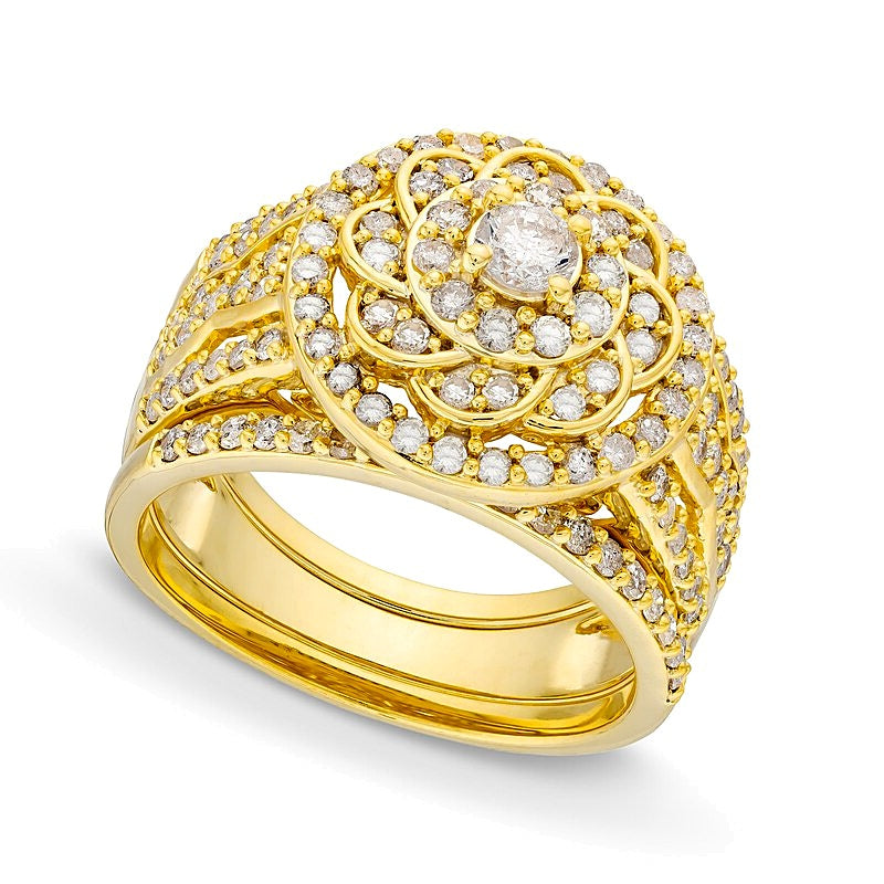 Brautset mit Diamanten 1.5 ct. Gesamtgewicht im keltischen Blumen-Design in 10K Gelbgold