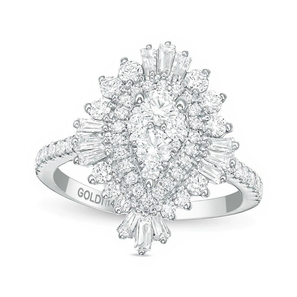 1.5 CT. Gesamtgewicht Komposit-Diamant Ring tropfenförmig mit Starburst-Fassung in 14K Weißgold