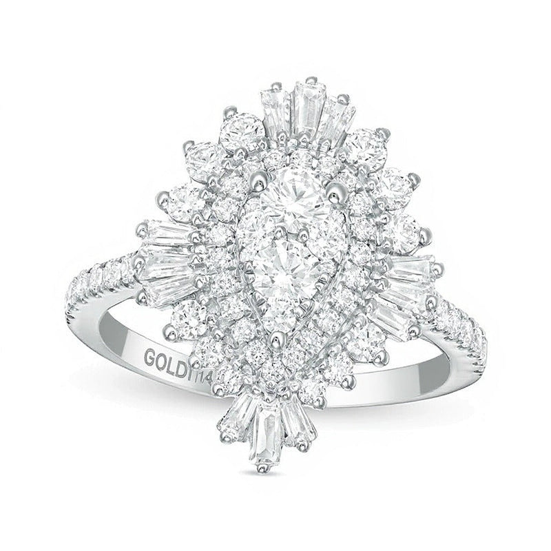 1.5 CT. Gesamtgewicht Komposit-Diamant Ring tropfenförmig mit Starburst-Fassung in 14K Weißgold