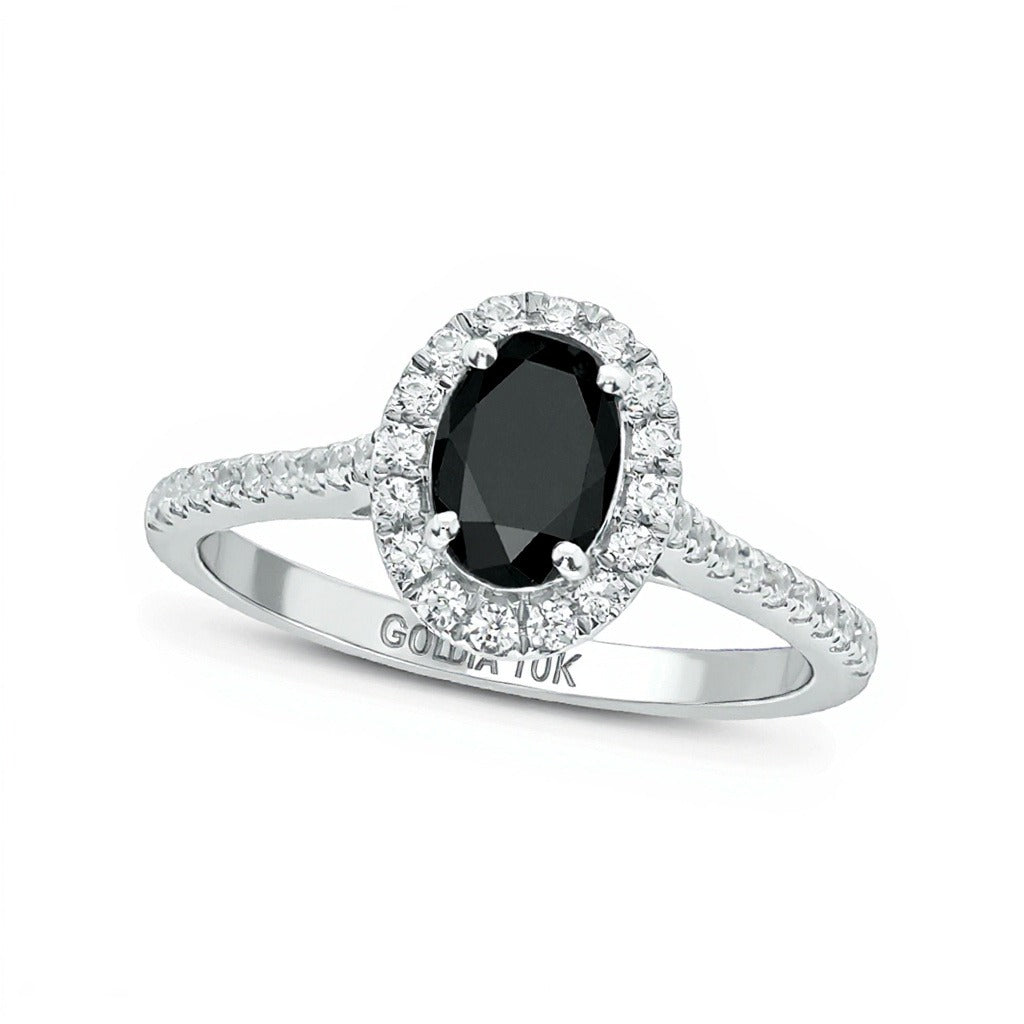 1.0 ct. Gesamtgewicht behandelter schwarzer und weißer Diamant-Verlobungsring im Halo mit ovalem und rundem Schliff in 10K Weißgold für Damen