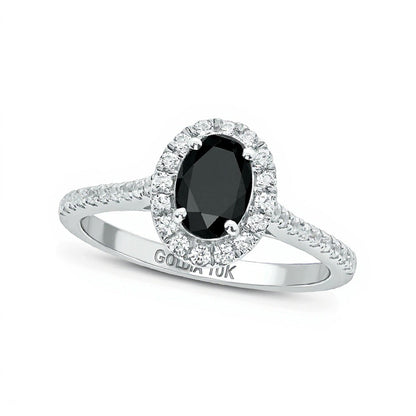1.0 ct. Gesamtgewicht behandelter schwarzer und weißer Diamant-Verlobungsring im Halo mit ovalem und rundem Schliff in 10K Weißgold für Damen