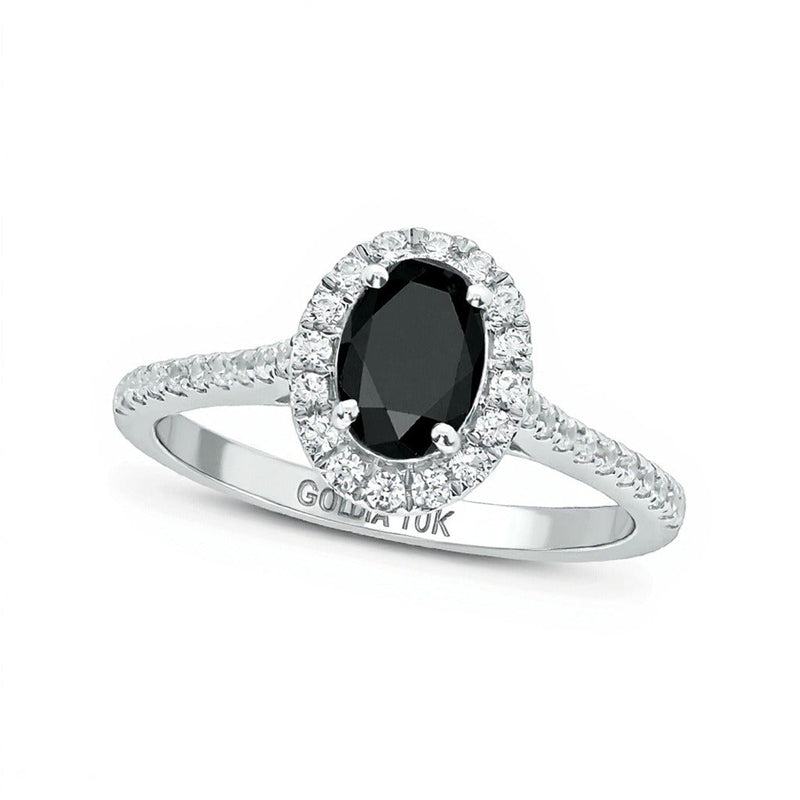 1.0 ct. Gesamtgewicht behandelter schwarzer und weißer Diamant-Verlobungsring im Halo mit ovalem und rundem Schliff in 10K Weißgold für Damen