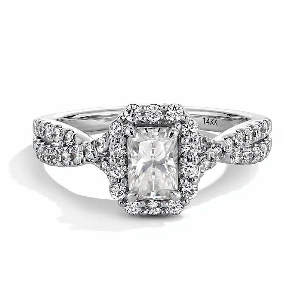 1.0 CT. Gesamtgewicht Verlobungsring mit Labordiamant im Radiant-Schliff, Halo und Bypass-Schiene in 14K Weißgold (F/SI2)