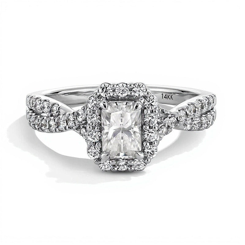 1.0 CT. Gesamtgewicht Verlobungsring mit Labordiamant im Radiant-Schliff, Halo und Bypass-Schiene in 14K Weißgold (F/SI2)