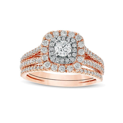 Brautset mit Diamanten 1.0 ct. Gesamtgewicht, rund & Kissenschliff, mehrreihig, in 10K Roségold