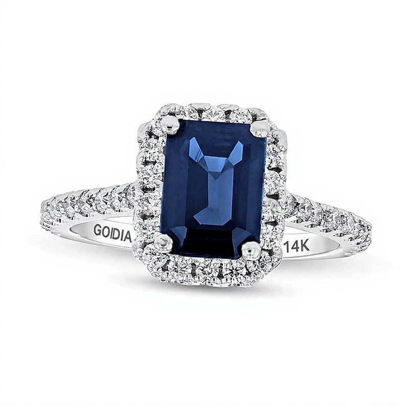 Ring mit blauem Saphir im Smaragdschliff und Diamanten 0,38 ct. Gesamtgewicht in 14K Weißgold