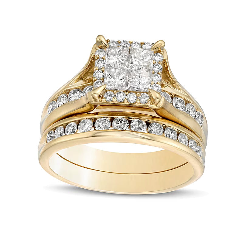 1.5 ct. Gesamtgewicht Diamant-Brautset im Princess- und Rundschliff in 14K Gelbgold
