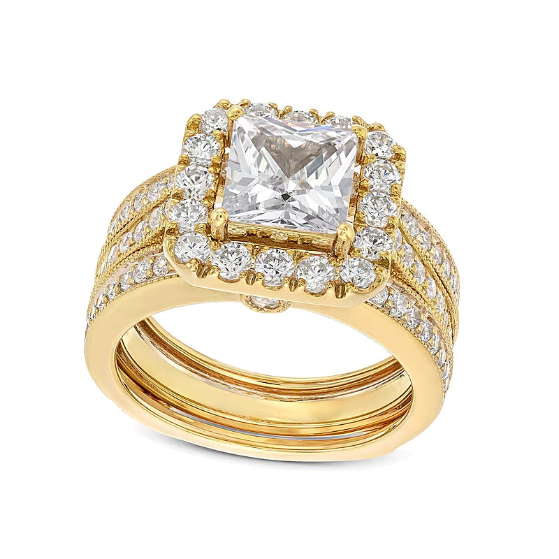 Braut-Set mit Labordiamanten im Princess-Schliff und Kissenschliff-Halo 3.38 ct. Gesamtgewicht in 14K Gelbgold (F/VS2)