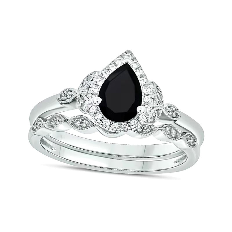 Braut-Set mit tropfenförmigem schwarzem Saphir und 0,17 ct. Gesamtgewicht Diamanten im Vintage-Stil mit Blattseiten in 10K Weißgold