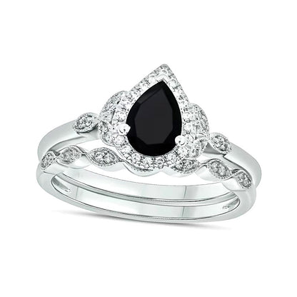 Braut-Set mit tropfenförmigem schwarzem Saphir und 0,17 ct. Gesamtgewicht Diamanten im Vintage-Stil mit Blattseiten in 10K Weißgold