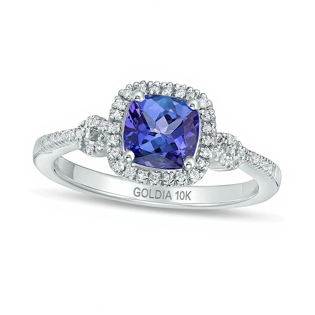 6,0 mm Tansanit im Kissenschliff und Diamant 0,17 ct. Gesamtgewicht Halo-Ring in 10K Weißgold