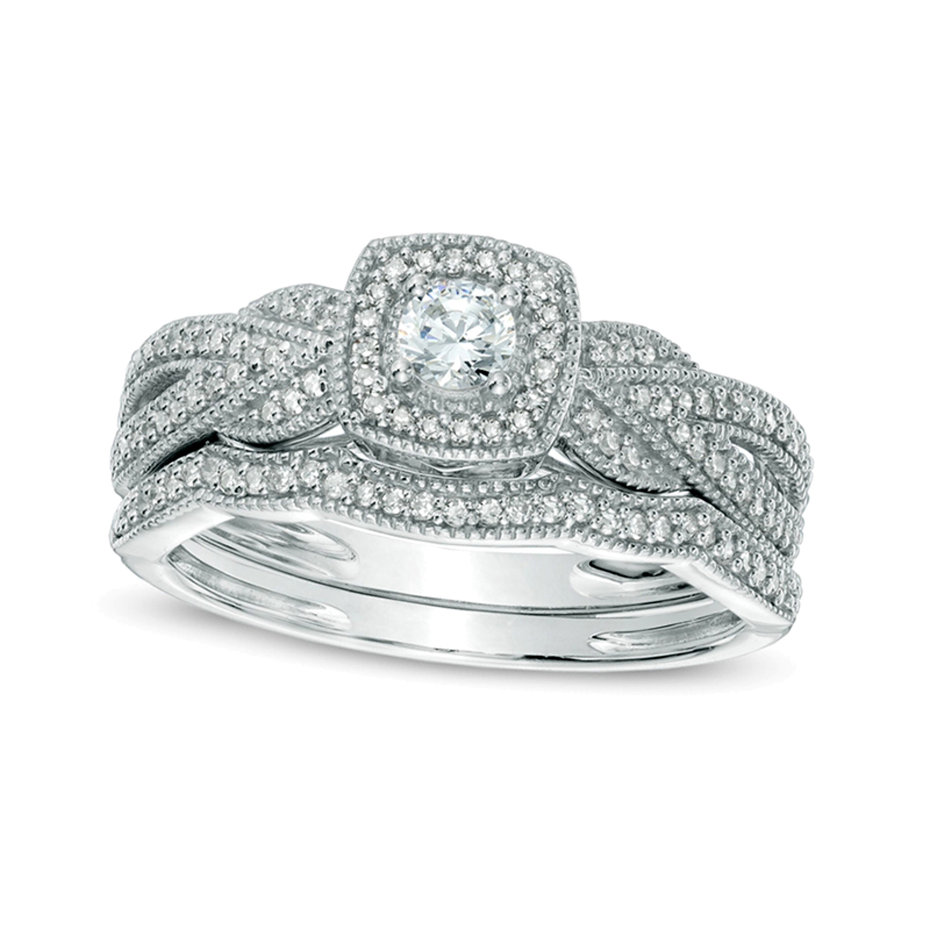 0.38 ct. Gesamtgewicht Diamant Brautset im Vintage-Stil mit geflochtenem Rahmen in 10K Weißgold
