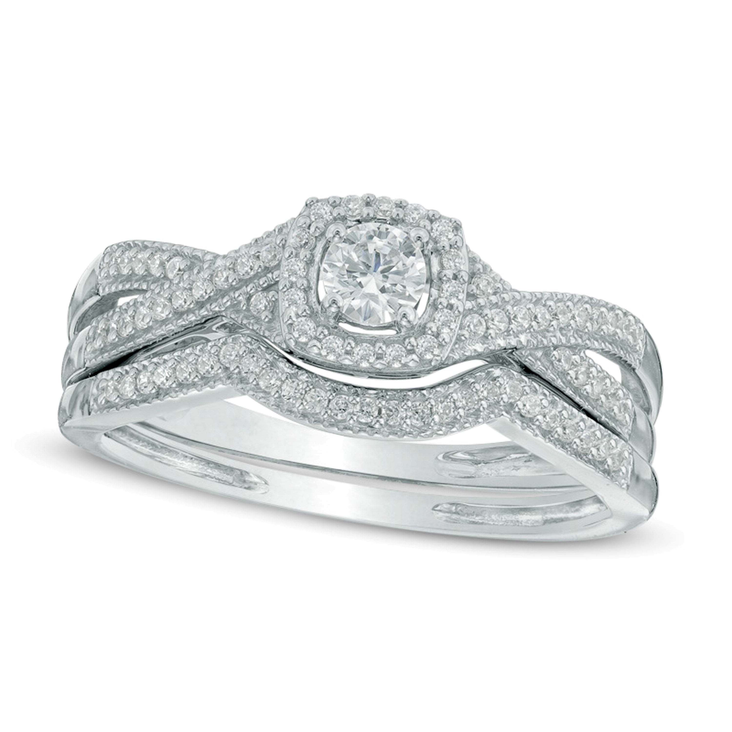 0,33 ct. Gesamtgewicht Diamant-Brautset mit Kissenschliff-Halo und gedrehter Ringschiene in 10K Weißgold