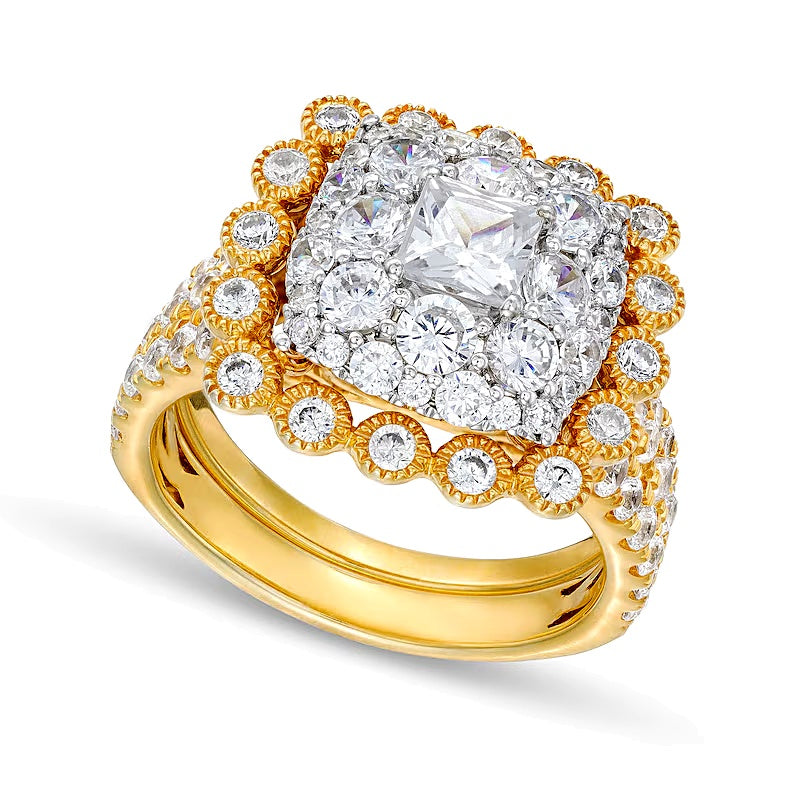 2.75 ct. Gesamtgewicht Braut-Set mit Diamanten in Princess-, rund- und Kissenschliff in 10K Gelbgold