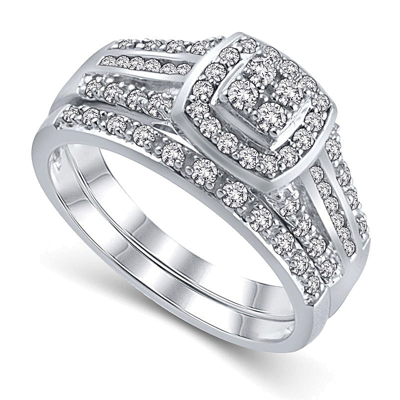0,5 ct. Gesamtgewicht Diamant-Brautset mit Kissenschliff-Rahmen, mehrreihig, aus rhodiniertem Sterlingsilber