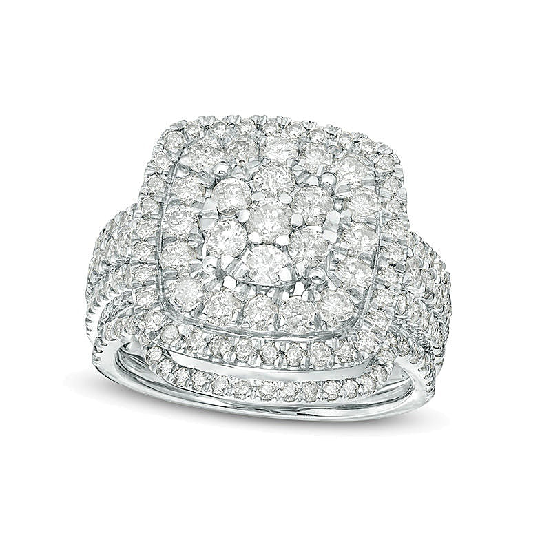 Braut-Set mit Diamanten im Kissenschliff, Baguette- und Rundschliff, doppelter Halo, 2.0 ct. Gesamtgewicht, in 10K Weißgold
