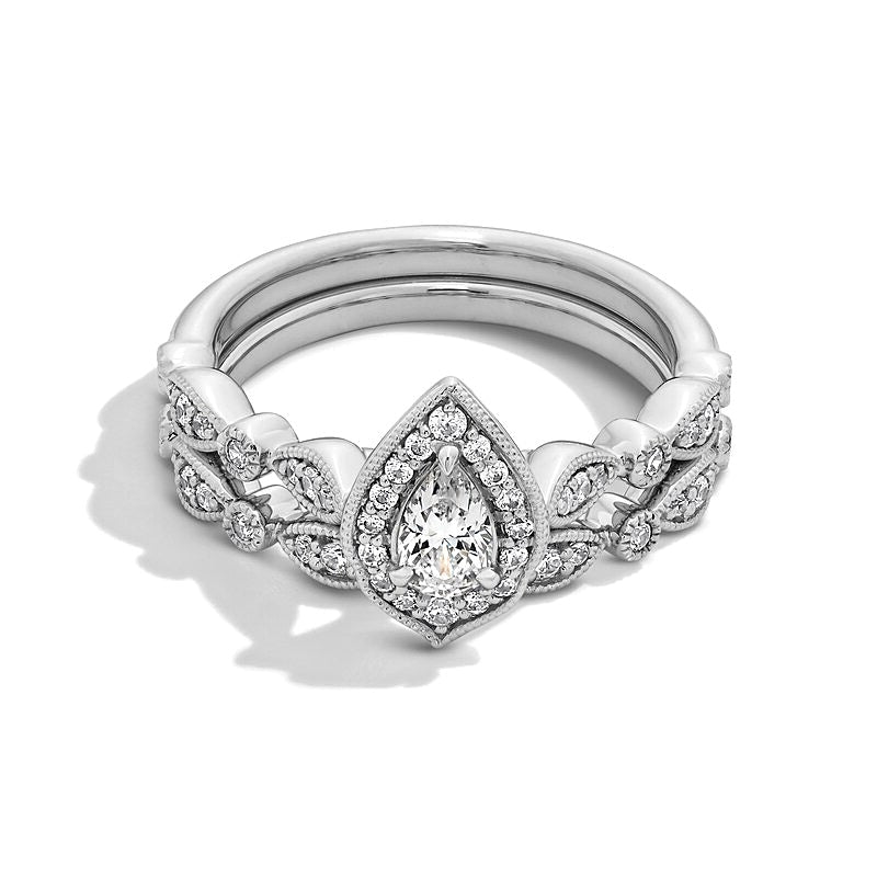 0.63 ct. Gesamtgewicht Brautset mit tropfenförmigen Diamanten im Art-Déco-Vintage-Stil in 14K Weißgold