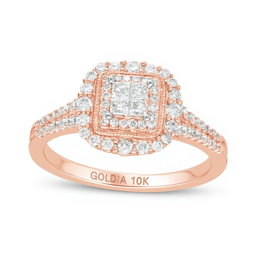 0.5 CT. Gesamtgewicht Halo-Verlobungsring im Vintage-Stil mit Diamanten im Princess-Schliff in 10K Roségold