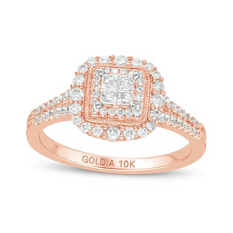0.5 CT. Gesamtgewicht Halo-Verlobungsring im Vintage-Stil mit Diamanten im Princess-Schliff in 10K Roségold