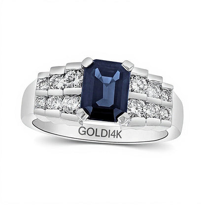 Ring mit blauem Saphir im Smaragdschliff und Diamanten 0,63 ct. Gesamtgewicht in gestaffelter Doppelreihe in 14K Weißgold