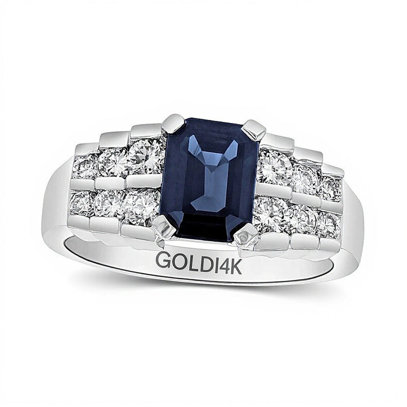 Ring mit blauem Saphir im Smaragdschliff und Diamanten 0,63 ct. Gesamtgewicht in gestaffelter Doppelreihe in 14K Weißgold