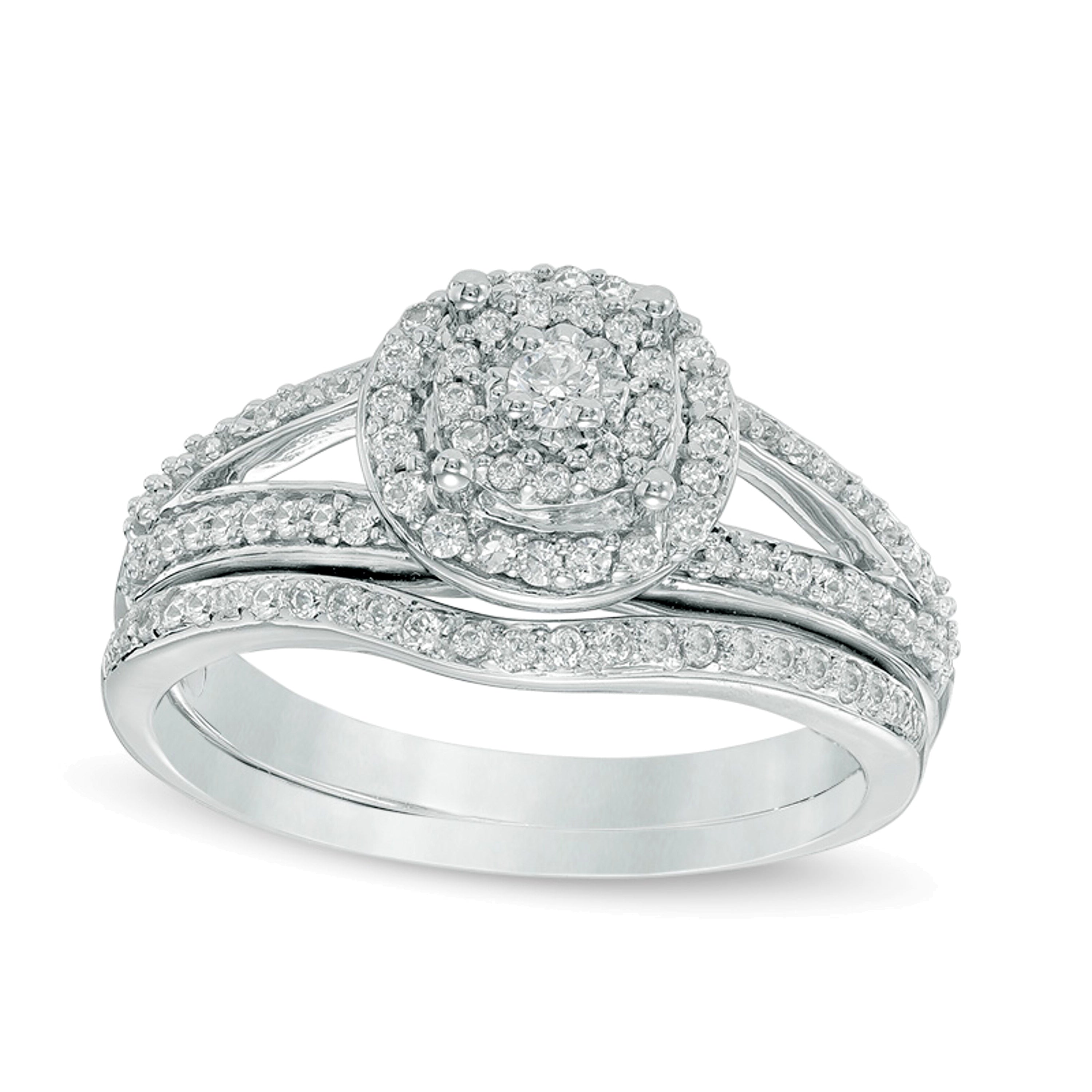 0.5 ct. Gesamtgewicht Komposit-Diamant Brautset mit doppeltem Rahmen und geteilter Schiene in 10K Weißgold
