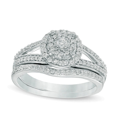 0.5 ct. Gesamtgewicht Komposit-Diamant Brautset mit doppeltem Rahmen und geteilter Schiene in 10K Weißgold