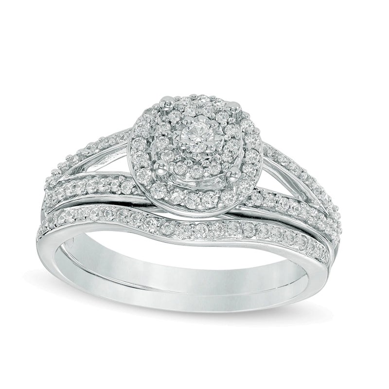 0.5 ct. Gesamtgewicht Komposit-Diamant Brautset mit doppeltem Rahmen und geteilter Schiene in 10K Weißgold