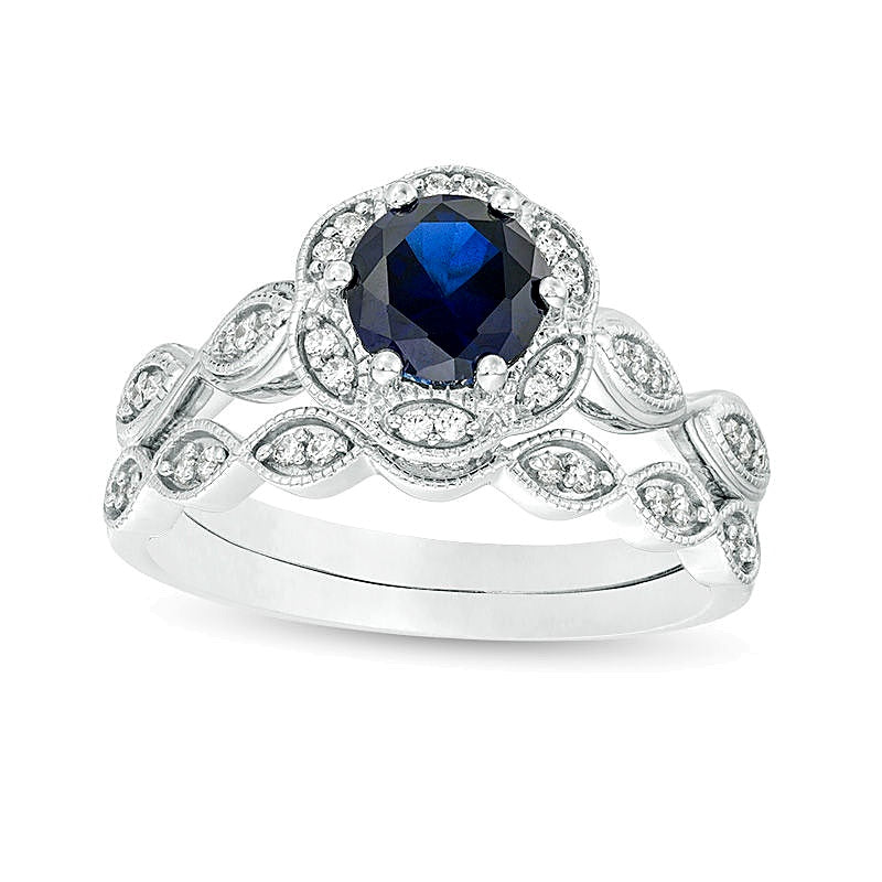 6,0 mm Braut-Set mit blauem Labor-Saphir und 0,2 ct. Gesamtgewicht Diamanten in 10K Weißgold
