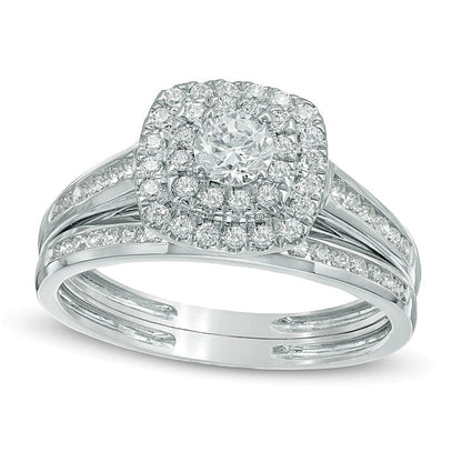 0.75 ct. Gesamtgewicht Diamant-Brautset im Kissenschliff mit doppeltem Halo in 10K Weißgold