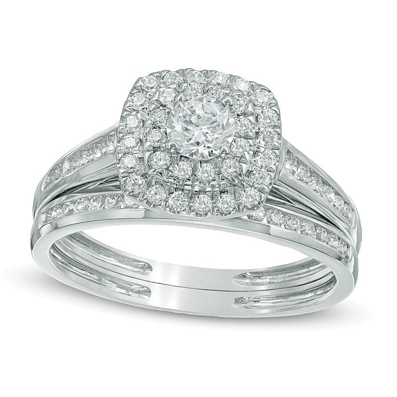 0.75 ct. Gesamtgewicht Diamant-Brautset im Kissenschliff mit doppeltem Halo in 10K Weißgold